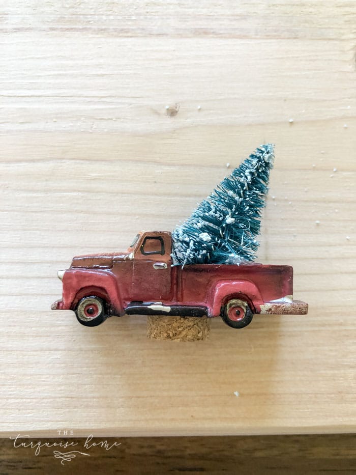 DIY Mason Jar Snow Globe Ornaments - make the bottle brush tree fit in the back of the truck