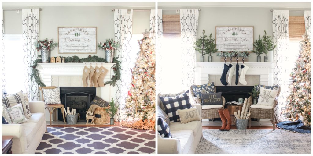 Green and Navy Christmas Mantel 2018 - Before and After