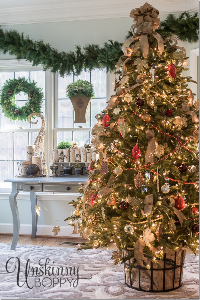 metal basket and burlap sack tree stand