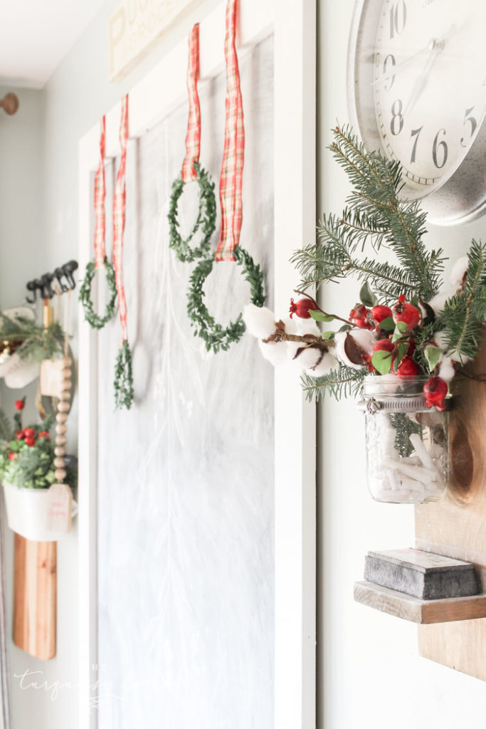 Christmas Ribbon on Wreaths in the Kitchen