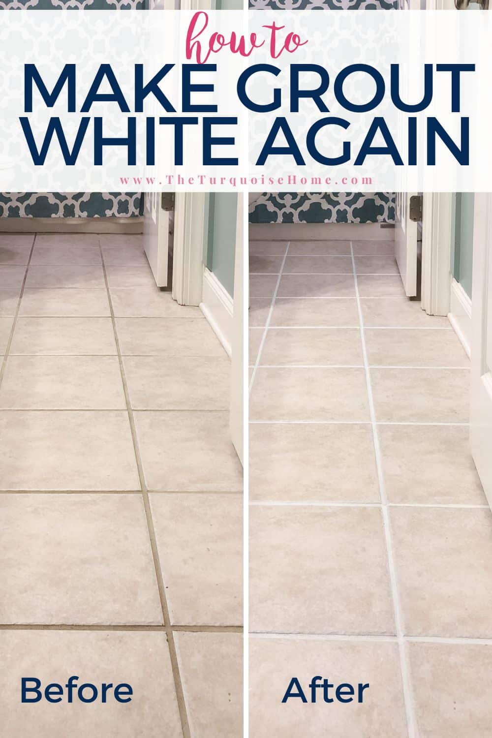 Before and after photos of using white grout paint.