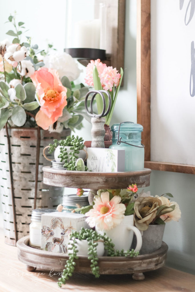 Floral Spring Home Tour with fun tiered tray all decorated for spring!