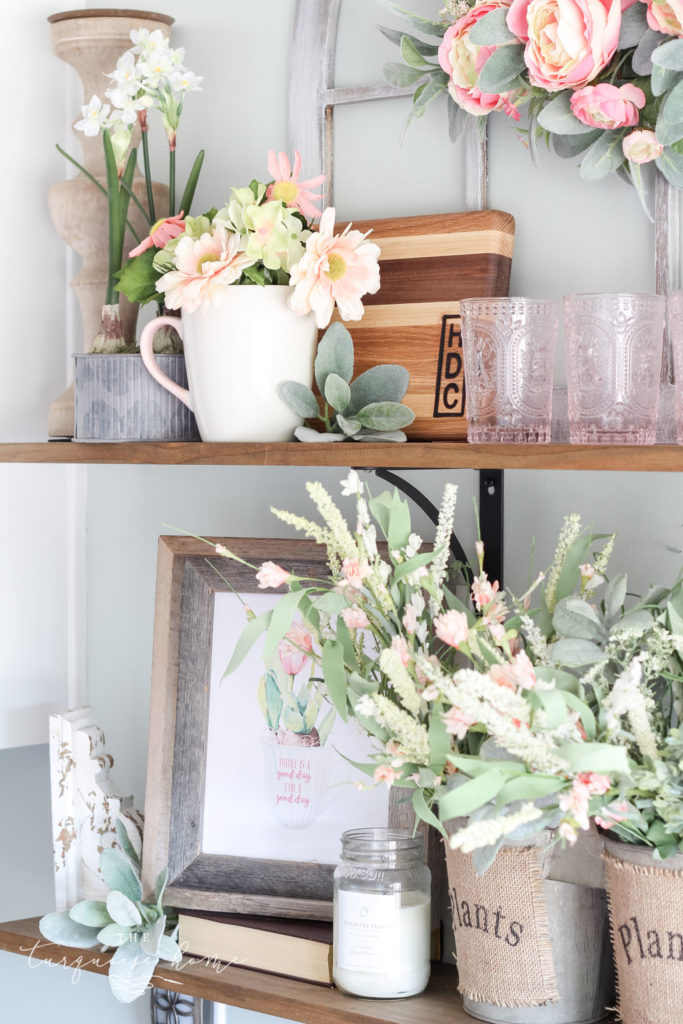 All the pretty flowers in the open kitchen shelves - remind me that spring is coming soon!