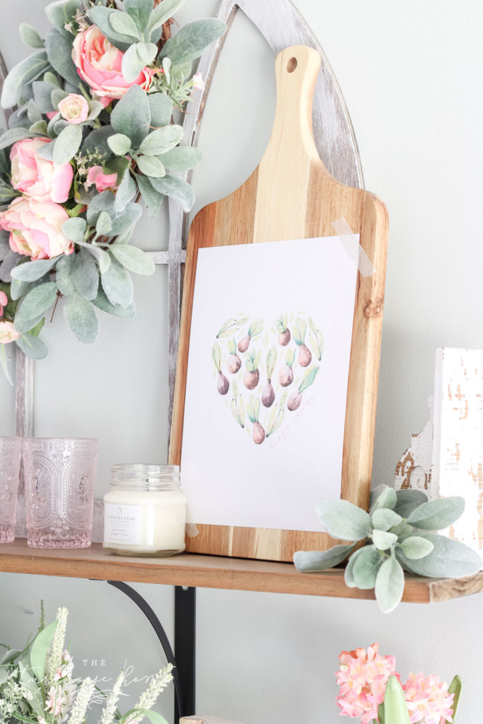 Floral Shop Open Shelves with Free Spring Printable - succulent bulbs!