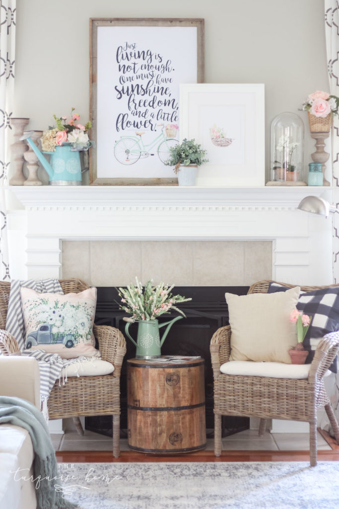 Spring has sprung with this floral market vibe spring mantel decor!