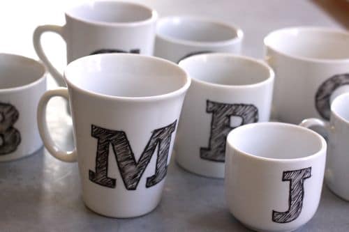 DIY monogrammed white mugs