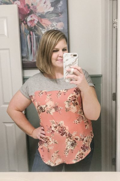 This two-toned floral tee with pocket is so flattering on and cheap, too!