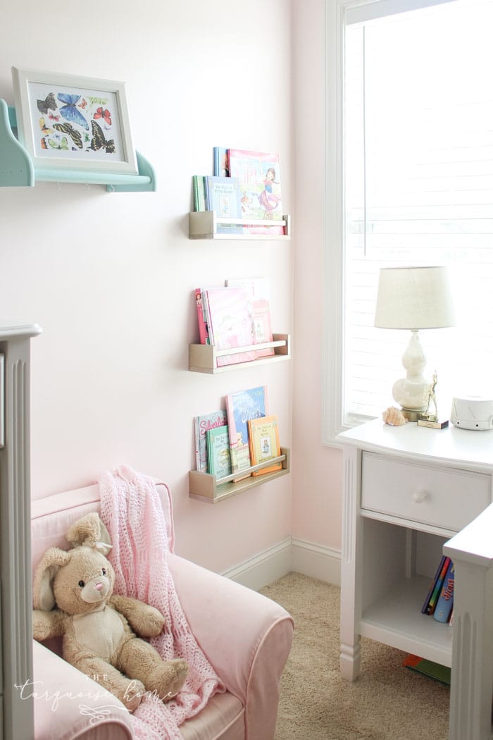 Ikea spice racks hung on walls and holding books