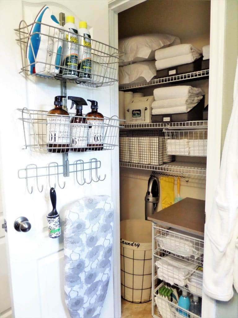 A great linen closet organization project if you have a lot of cleaning supplies along with linens to store in a small space from Be My Guest With Denise.