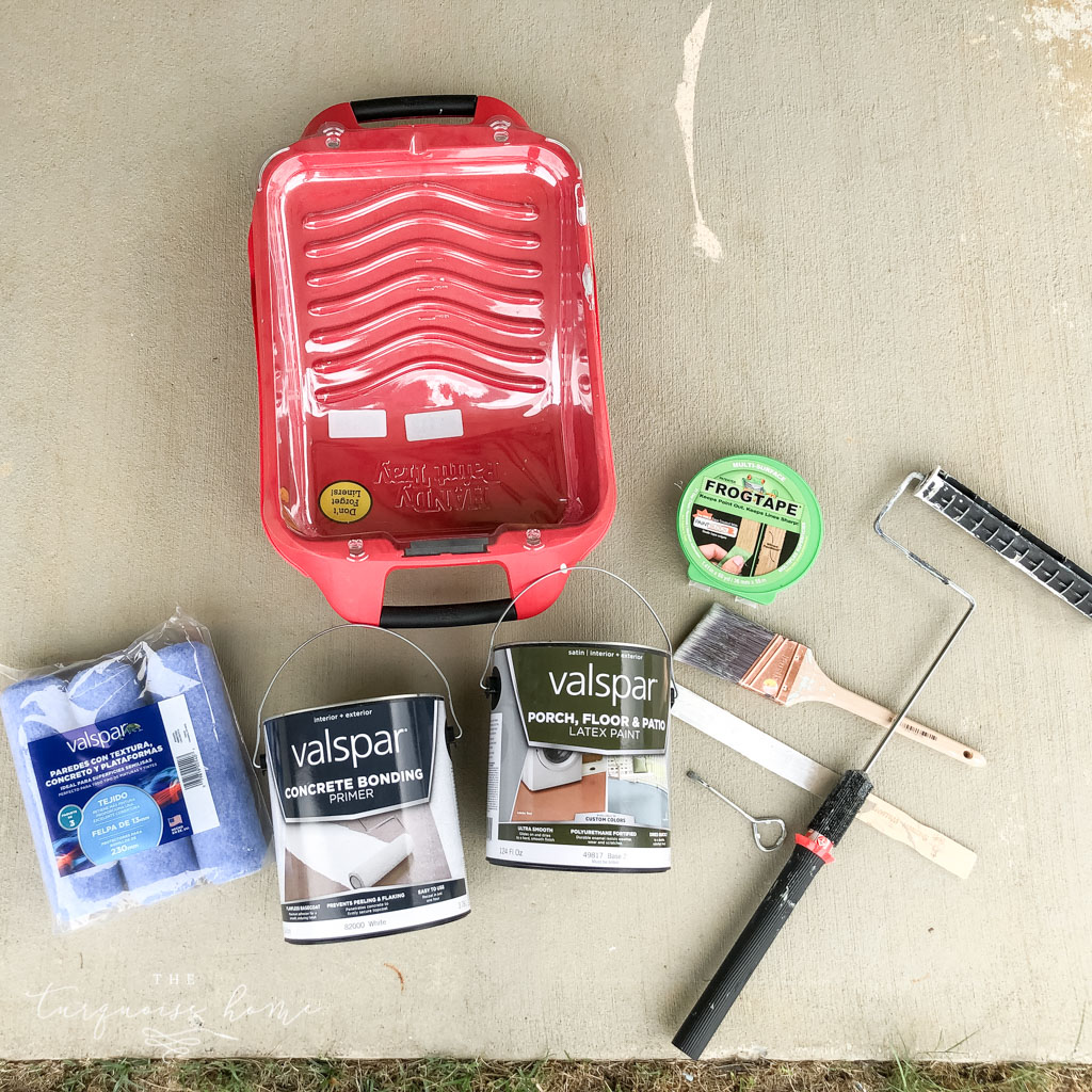 How to Paint a Concrete Patio - supplies you will need: paint roller, paint tray, porch paint, painter's tape