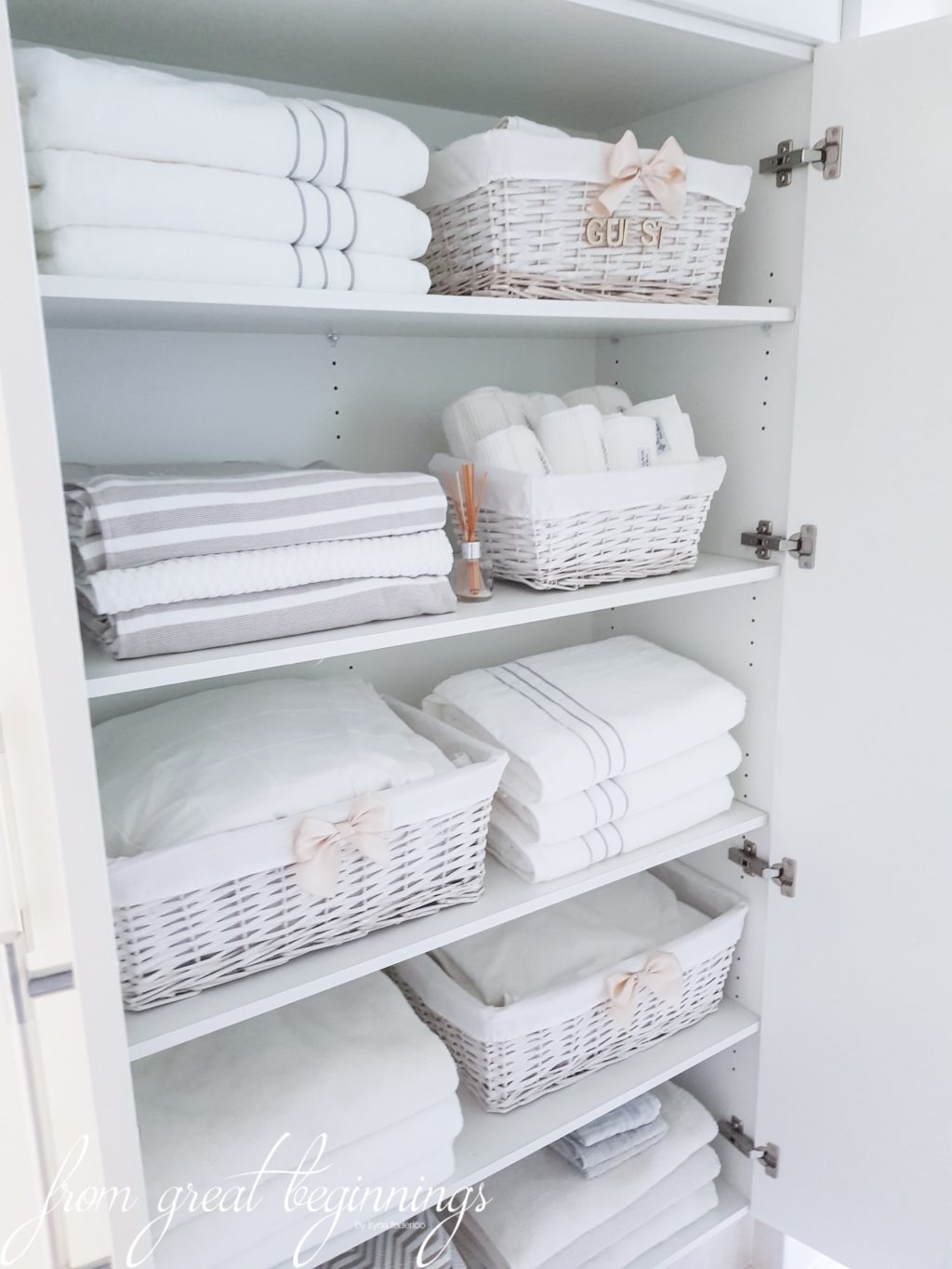 There is something about this linen closet organization project from the blog From Great Beginnings that reminds me like a spa. Grab baskets like the one she uses and put everything up neatly.  