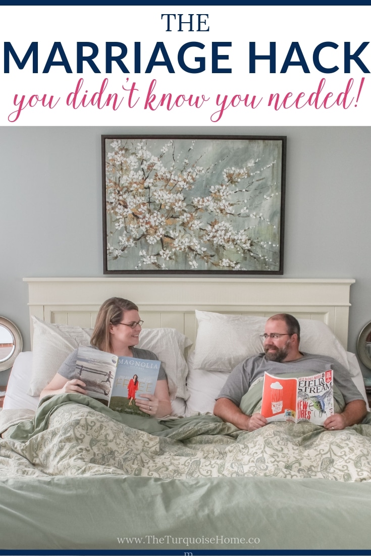 The Marriage Hack You Didn't Know You Needed!  | Pros and Cons to Sleeping in Separate Beds | Couple smiling at each other in two twin beds reading magazines