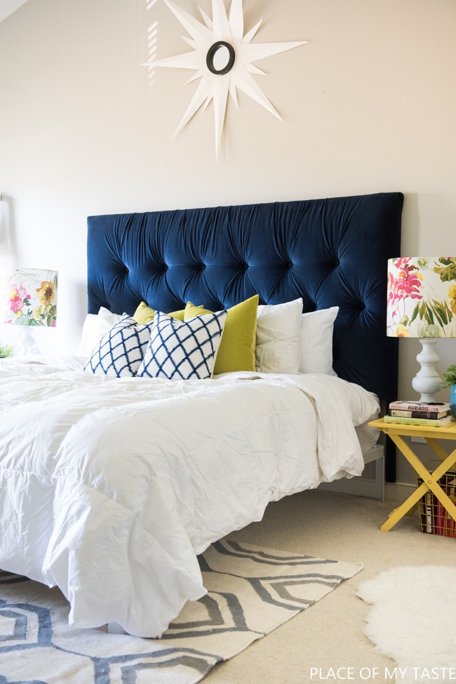 DIY Tufted Headboard with Indigo Velvet Fabric - How to make a headboard: 13 Beautiful DIY Headboard Ideas