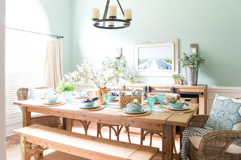 a Simple Summer Dining Room Tour - with turquoise plates and a gorgeous farmhouse table