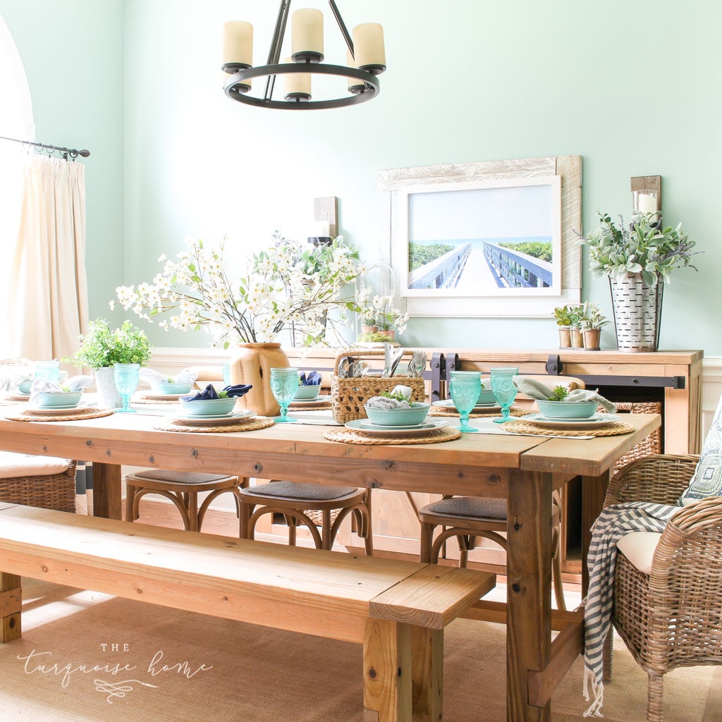 a Simple Summer Dining Room Tour - with turquoise plates and a gorgeous farmhouse table