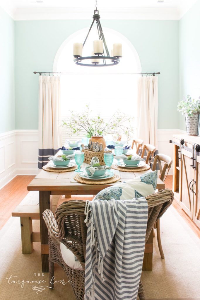 a Simple Summer Dining Room Tour - with turquoise plates and a gorgeous farmhouse table