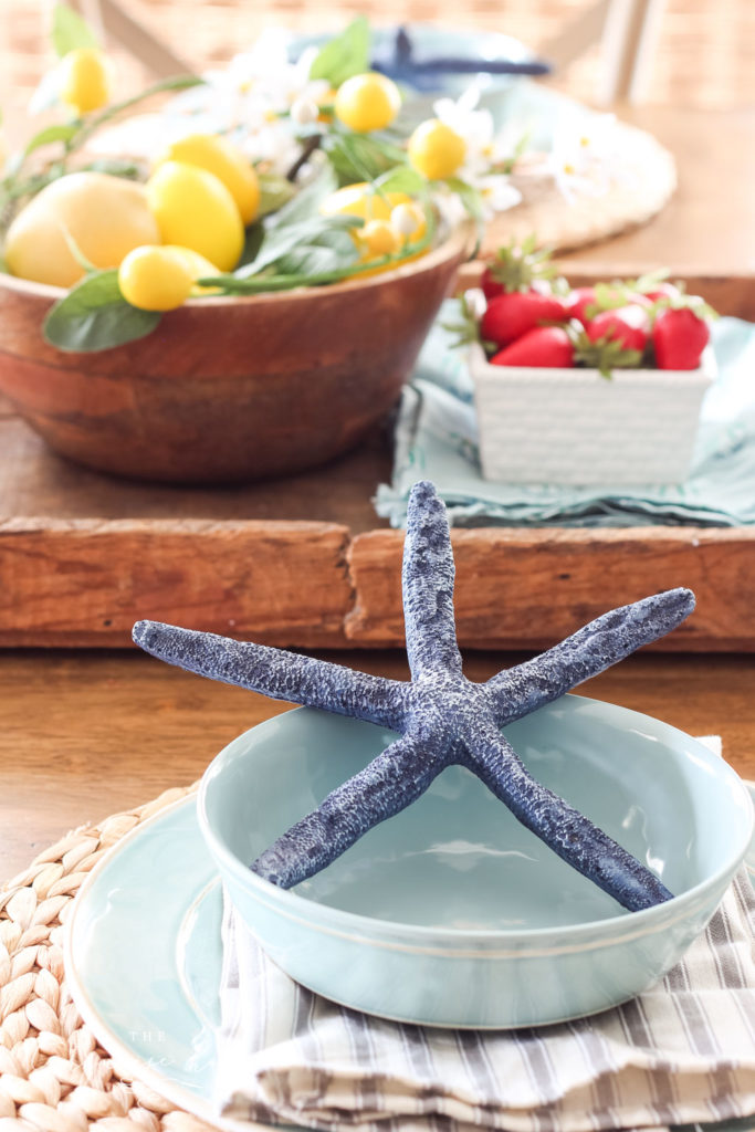 Simple Summer Tablescape with lemons, strawberries and turquoise dishes