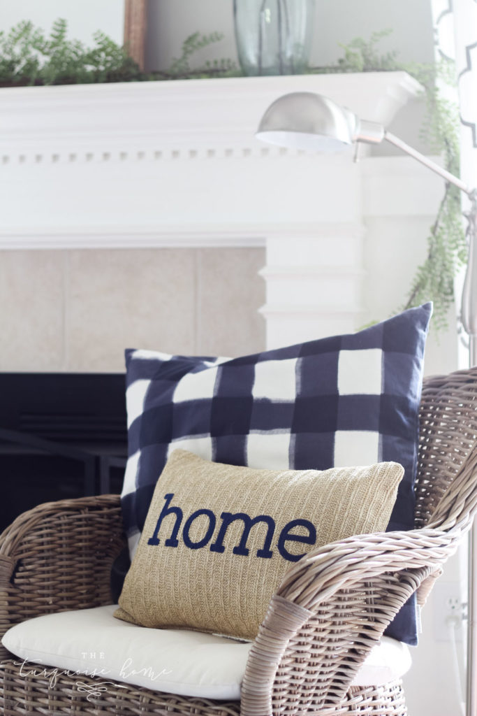 A Simple Summer Mantel - "home" pillow with navy and natural colors