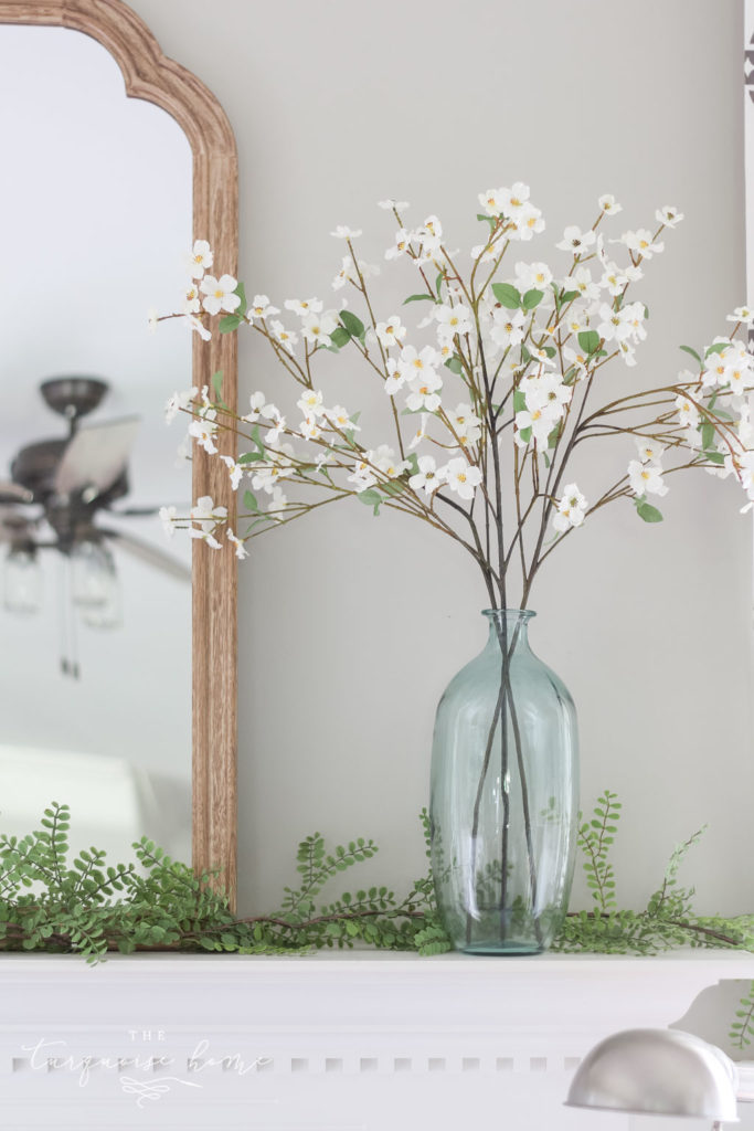 A Simple Summer Mantel -->> faux dogwood stems