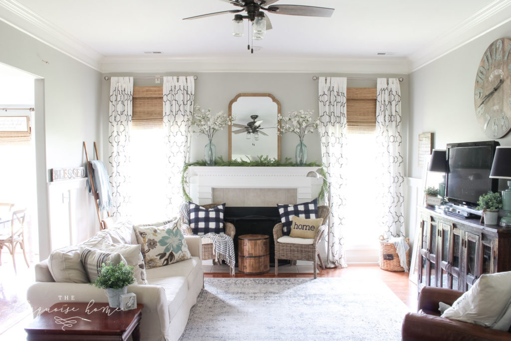 Summer mantel with stenciled curtains