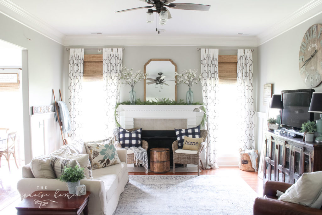 Revere Pewter in a living room with a fireplace. 