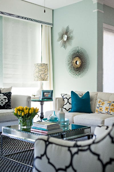 Modern living room design. Wall color is Wythe Blue from Benjamin Moore.