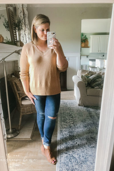 Fall Fashion Essentials | Fall Wardrobe Essentials Fall Transition Pieces | Camel Sweater | Distressed Jeans | Wedge Sandals