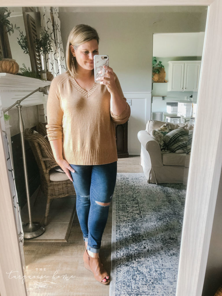 Fall Fashion Essentials | Fall Wardrobe Essentials Fall Transition Pieces | Camel Sweater | Distressed Jeans | Wedge Sandals