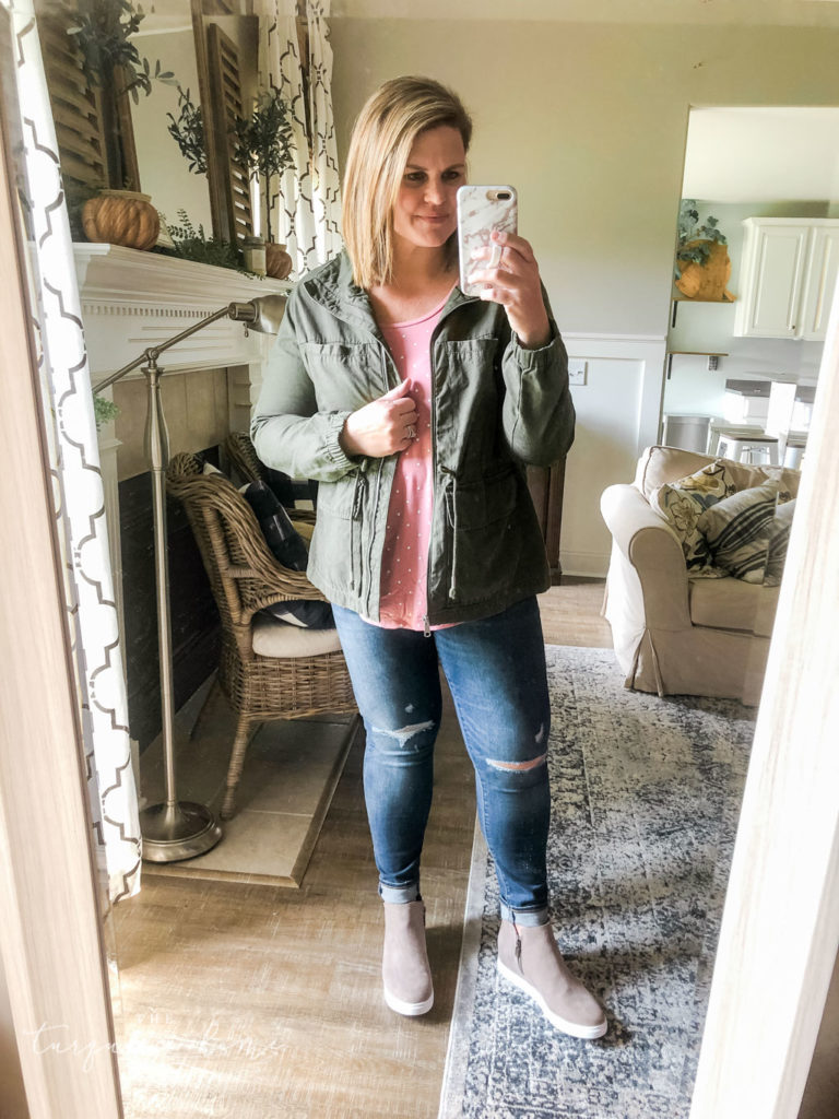 Fall Fashion Essentials | Fall Wardrobe Essentials Fall Transition Pieces | Green Field Jacket | Pink Polka Dot Tank | Wedge Sneakers