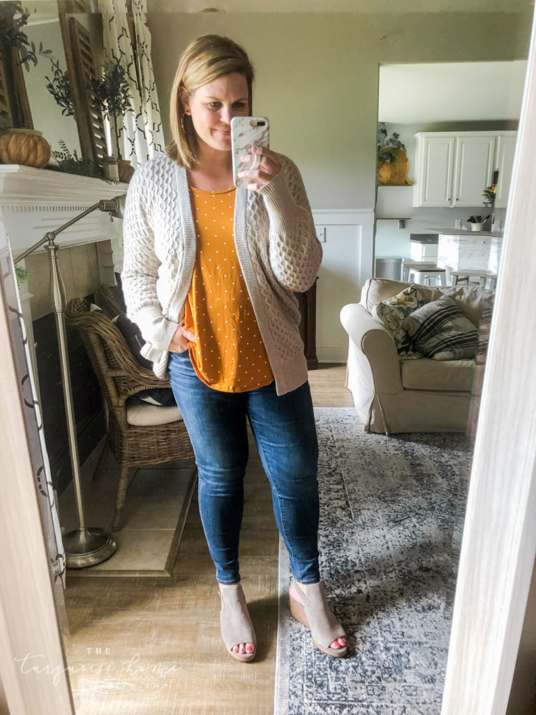 Fall Fashion Essentials | Fall Wardrobe Essentials Fall Transition Pieces | Honeycomb Cardigan | Mustard Tank | Open-Toe Wedge Booties
