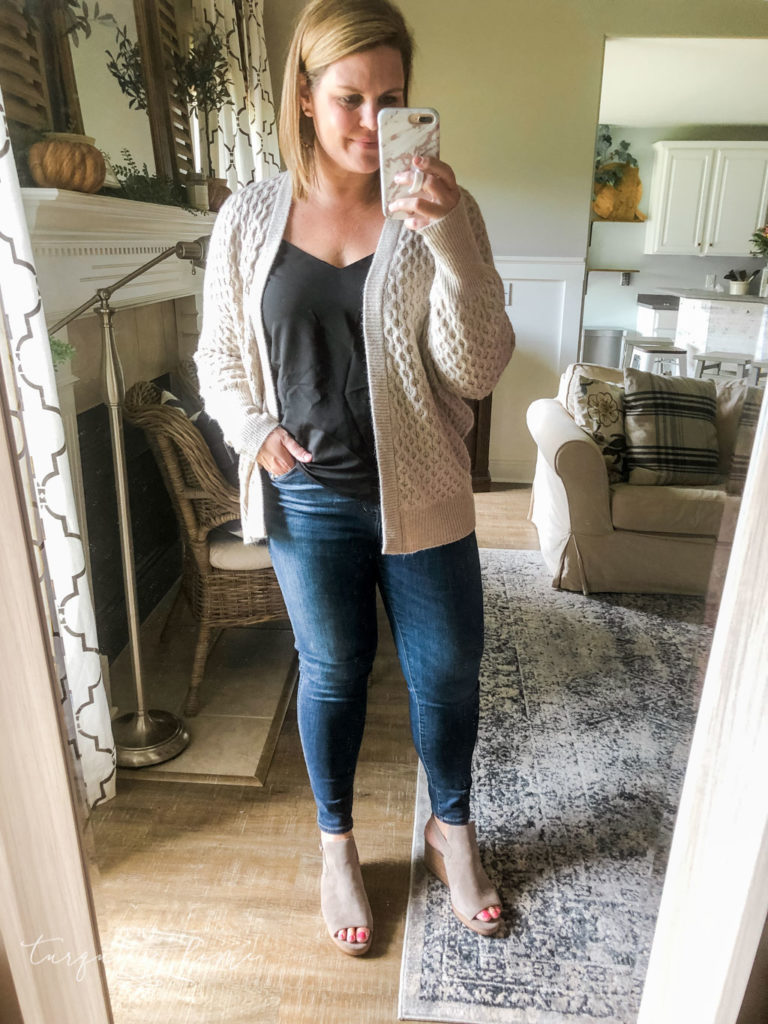 Fall Fashion Essentials | Fall Wardrobe Essentials Fall Transition Pieces | Honeycomb Cardigan | Black Camisole | Open-Toe Wedge Booties