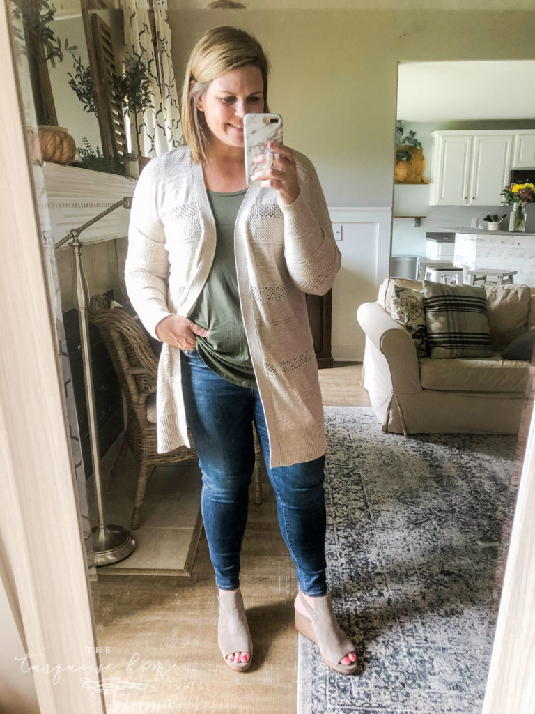 Fall Fashion Essentials | Fall Wardrobe Essentials Fall Transition Pieces | Olive Green Tank Top | Long Open Cardigan | Open-Toe Wedge Booties