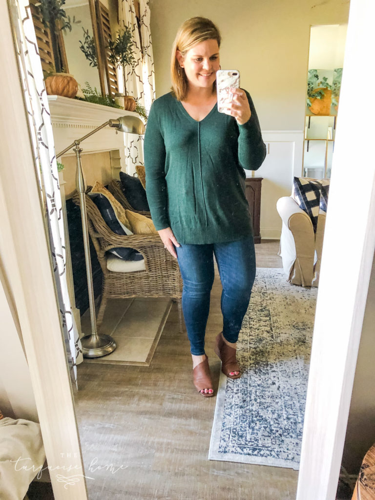 Fall Fashion Essentials | Fall Wardrobe Essentials Fall Transition Pieces | Heather Olive Green Tunic Sweater | Skinny Jeans | Open-Toe Wedge Booties