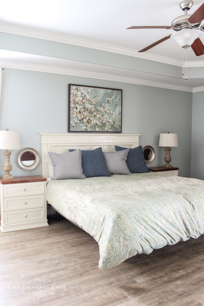 Master Bedroom without a rug under the bed, LVP floors, CoreTEC Boardwalk Oak, Farmhouse-style master bedroom