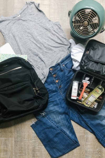 Summer Favorites from The Turquoise Home 2019 | jeans, tank top, tumi carson backpack, travel makeup case, facial sunscreen, lavender bath oil, Billie razor, vornado fan