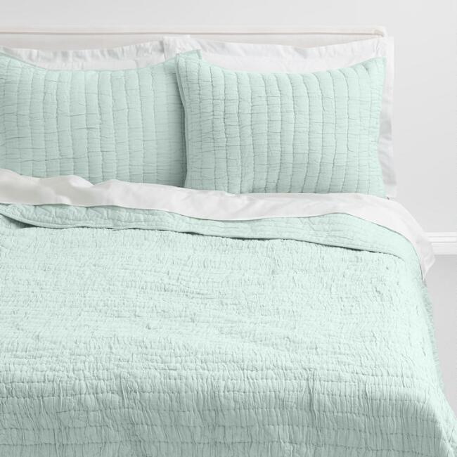 Jade Green Ruched Quilt | farmhouse bedding