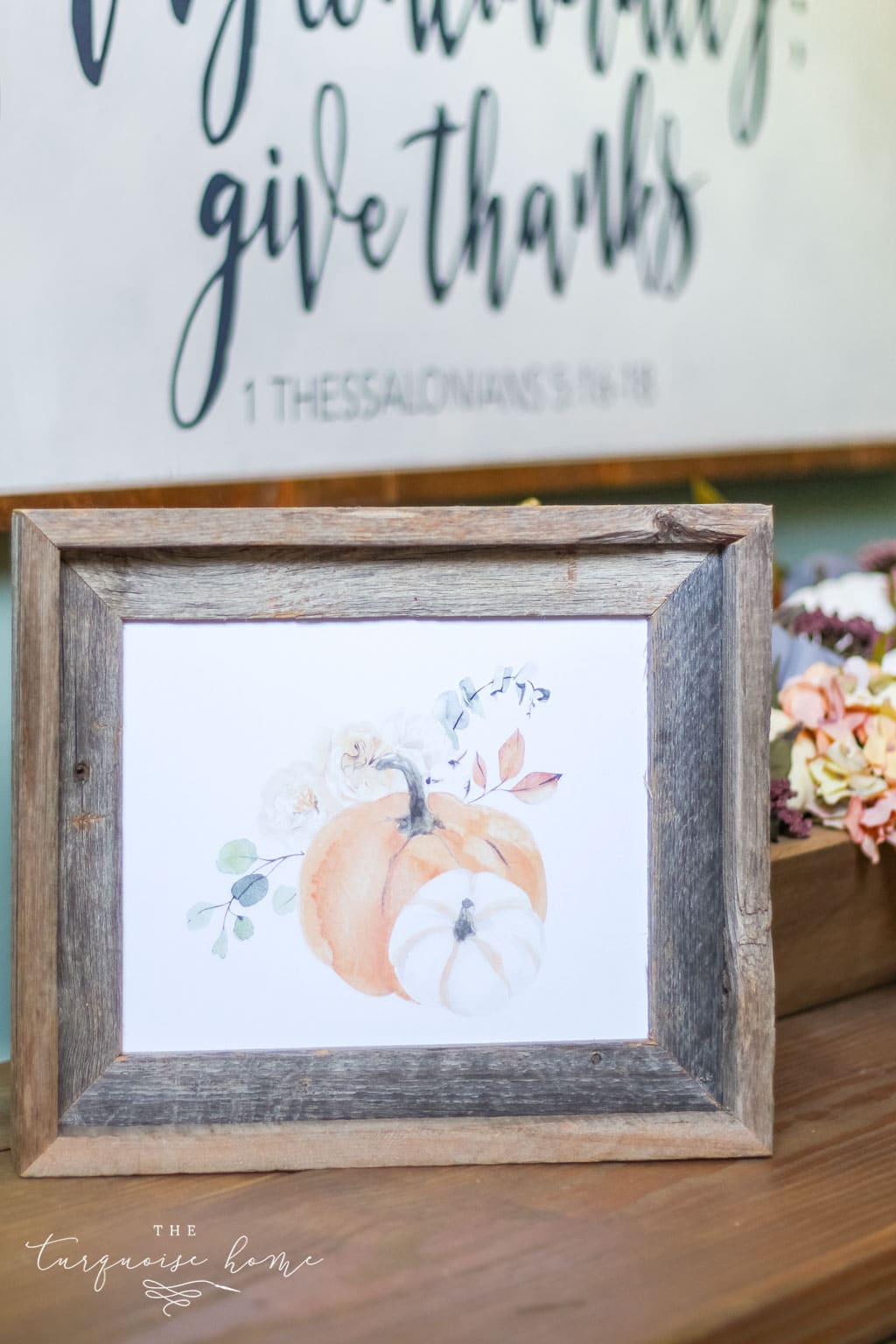 Orange Pumpkin Watercolor with centerpiece. Fall Floral Free Printable Decor.