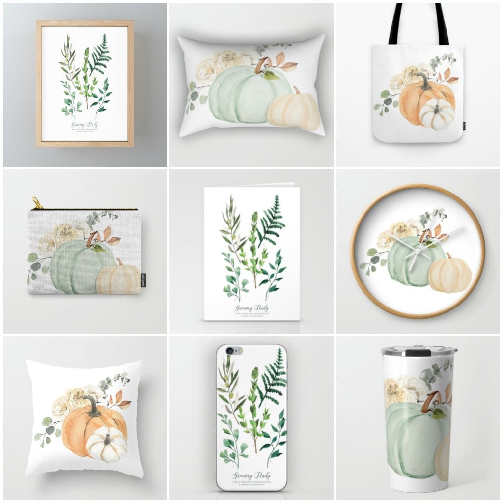 Fall florals, greenery, pumpkins and more on pillows, printed art, clocks, tote bags and more!