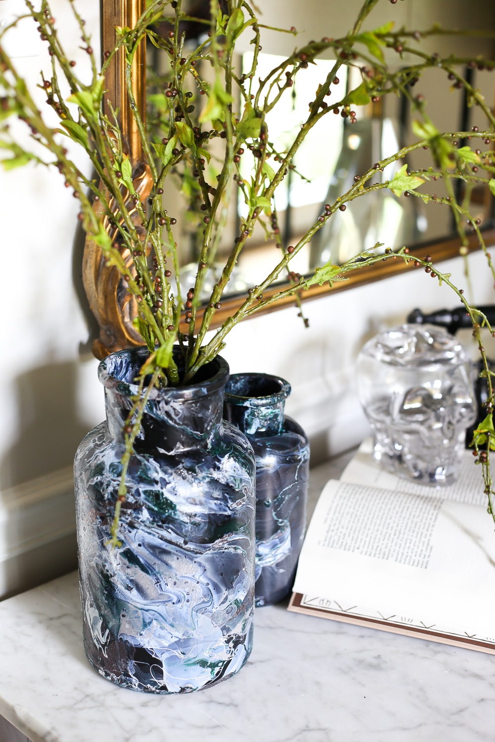 DIY Black Marbled Vases are the perfect understated, not scary Halloween decor!