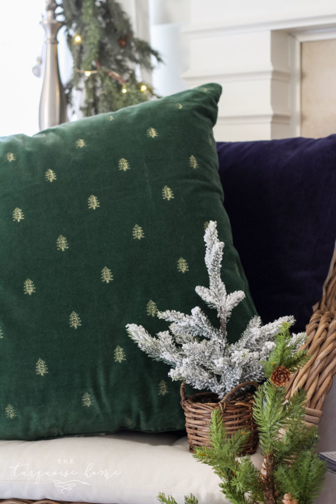 Green and Navy Simple Christmas Mantel - velvet and gold embroidered tree pillow