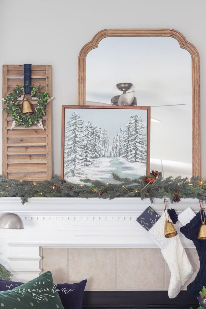Green and Navy Simple Christmas Mantel - snowy scene art canvas layered over a large mirror