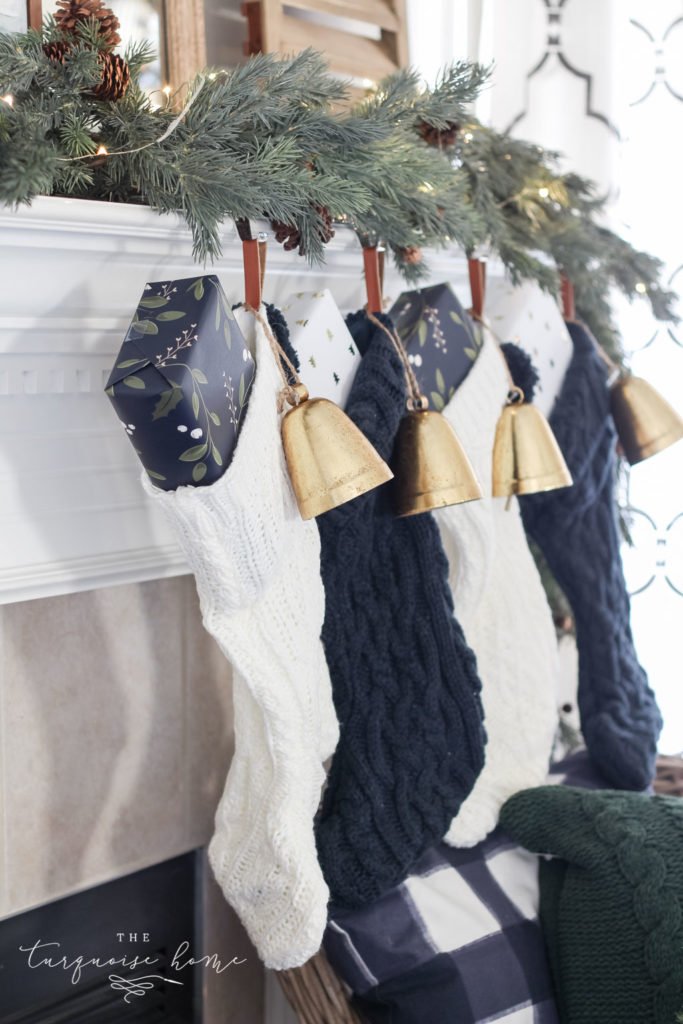 Green and Navy Simple Christmas Mantel - chunky cable knit stockings with bell ornaments