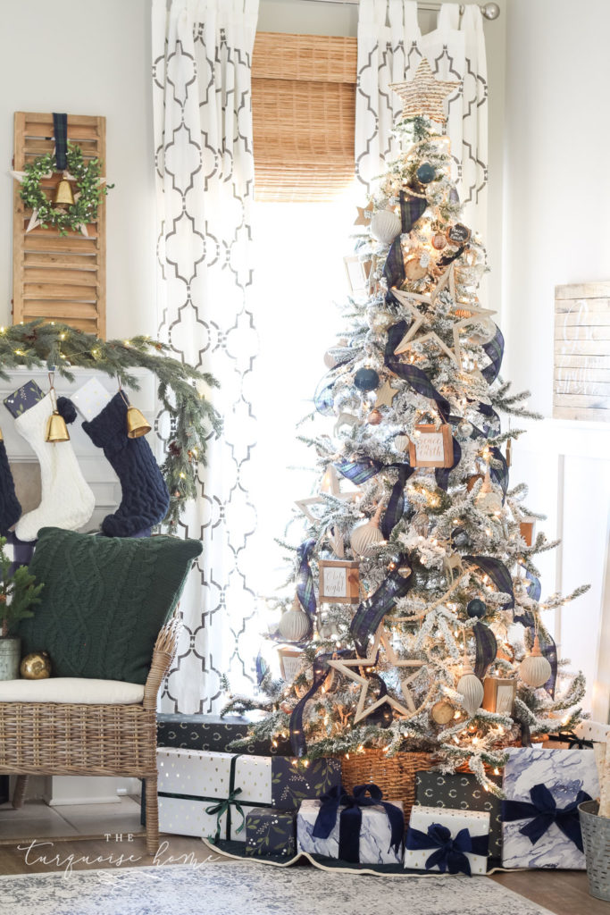 Flocked Green and Navy Plaid Christmas Tree with a Basket Tree Collar