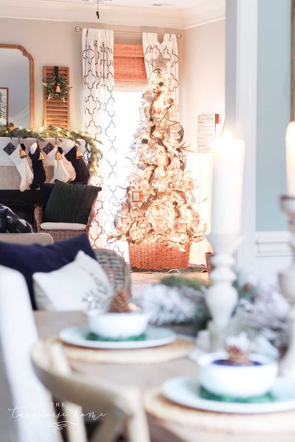 An icy blue winter holiday dining room tablescape | farmhouse table | frozen 2 decor | christmas tablescape