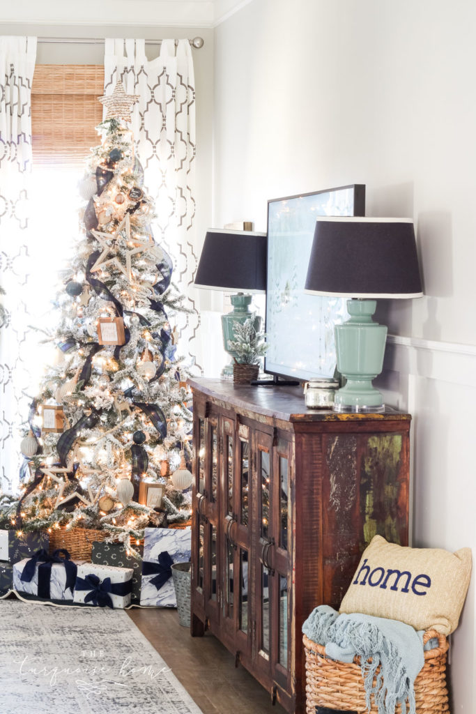 Classic, simple Christmas living room | flocked tree