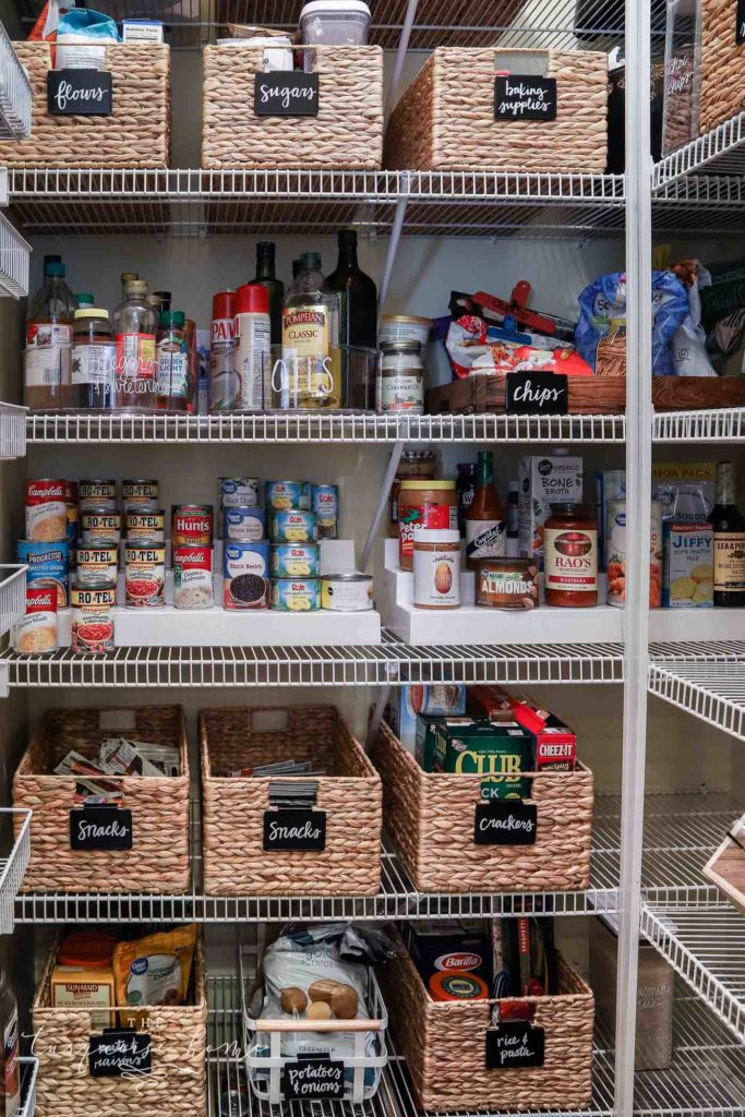 How to Organize a Pantry - label most things so that it STAYS organized | hyacinth baskets