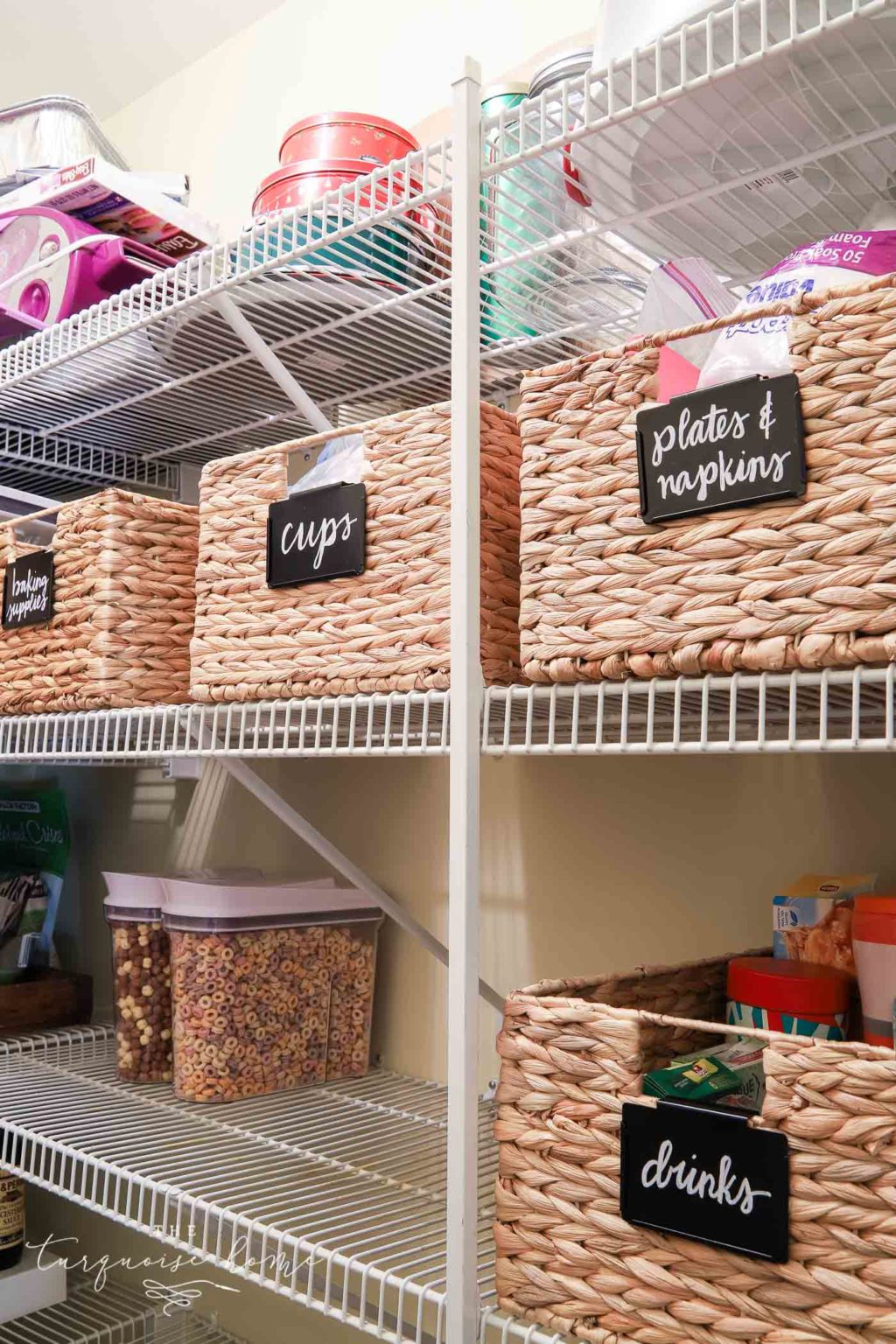How to Organize a Pantry - baskets, labels and cereal dispensers