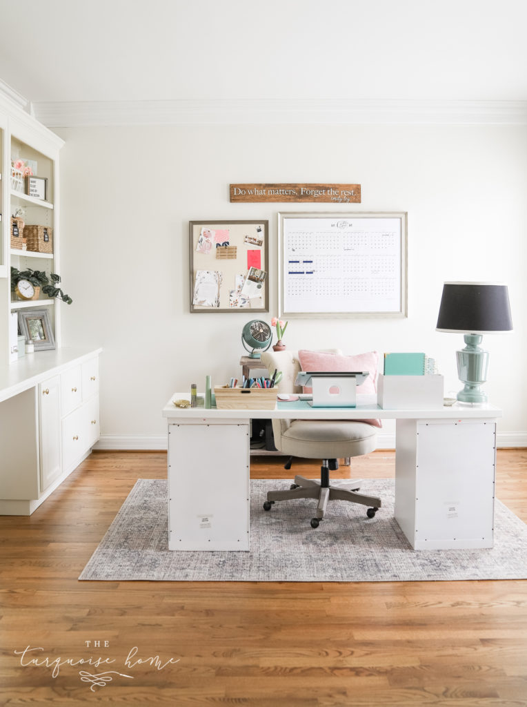 Shoji White by Sherwin Williams in feminine office space