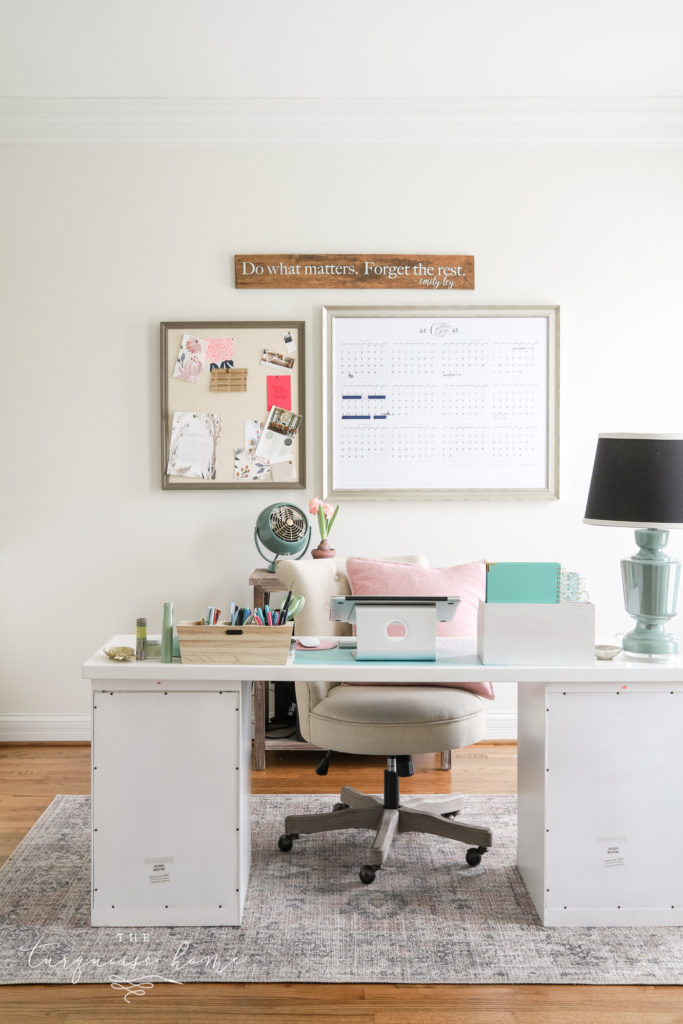 Shoji White by Sherwin Williams in feminine office space