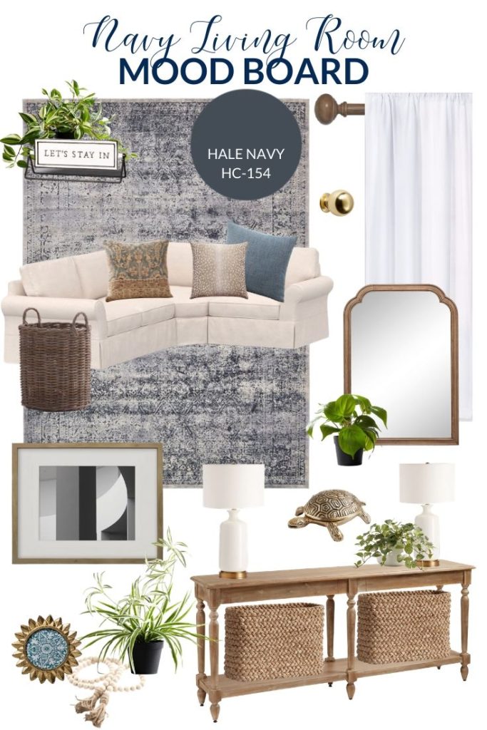 Navy Living Room Design Board | PB Comfort Sectional with blue vintage rug and white lamps